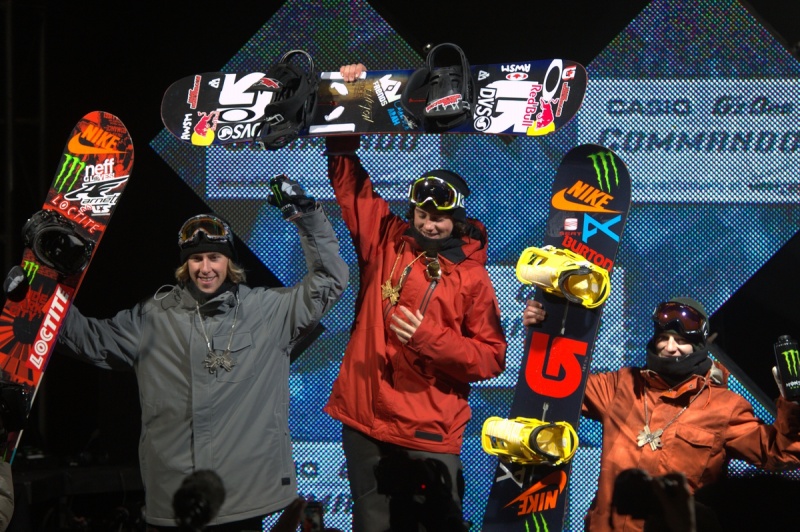 Sliver medalist Sage Kotsenburg, Gold medalist Mark McMorris and Bronze medalist Peetu Piiroinen at the Men's Snowboard Slopestyle Awards during Winter X Games Aspen 2012 on Saturday night.(photo: Allen Kee / ESPN Images)