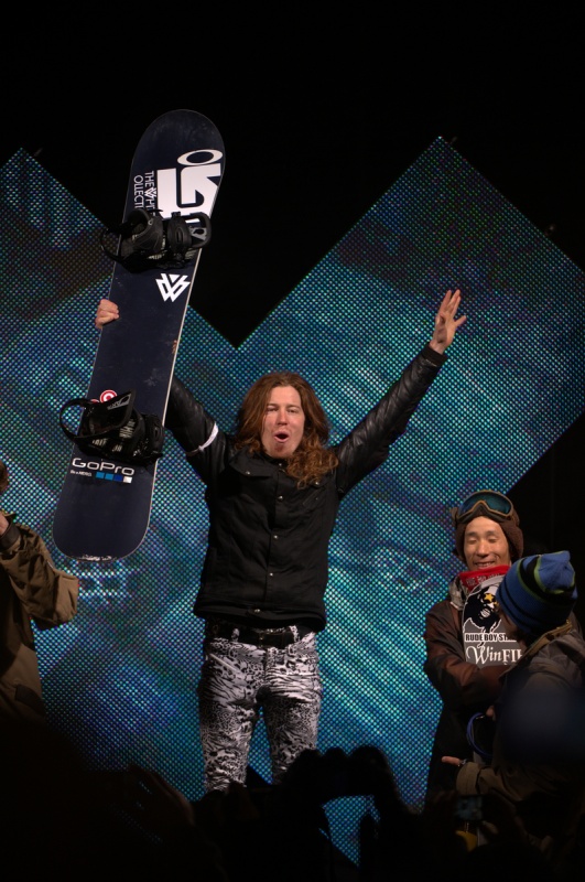 Gold medalist Shaun White celebrates after scoring a perfect 100 at the Men's Snowboard SuperPipe Awards on Sunday during Winter X Games Aspen 2012. (photo: Robert Beck / ESPN Images)