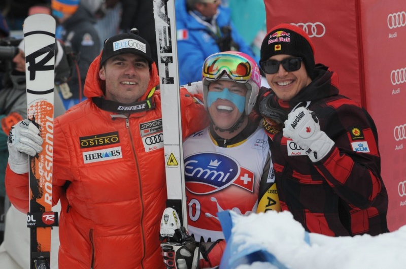 Canadian ski racers Jan Hudec, Erik Guay and Ben Thomsen celebrate in the finish area in Chamonix on Saturday. (photo: Pentaphoto/Alpine Canada)