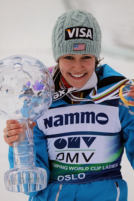 Utah teen Sarah Hendrickson poses with the women's World Cup Ski Jumping overall winner's Crystal Globe in Oslo, Norway. (ile photo: WSJ-USA)