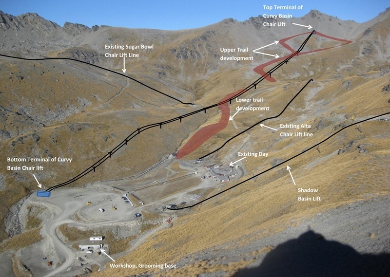 Aerial view of The Remarkables ski area showing existing lift lines and the new proposed Curvy Basin chairlift. (photo: NZSki)