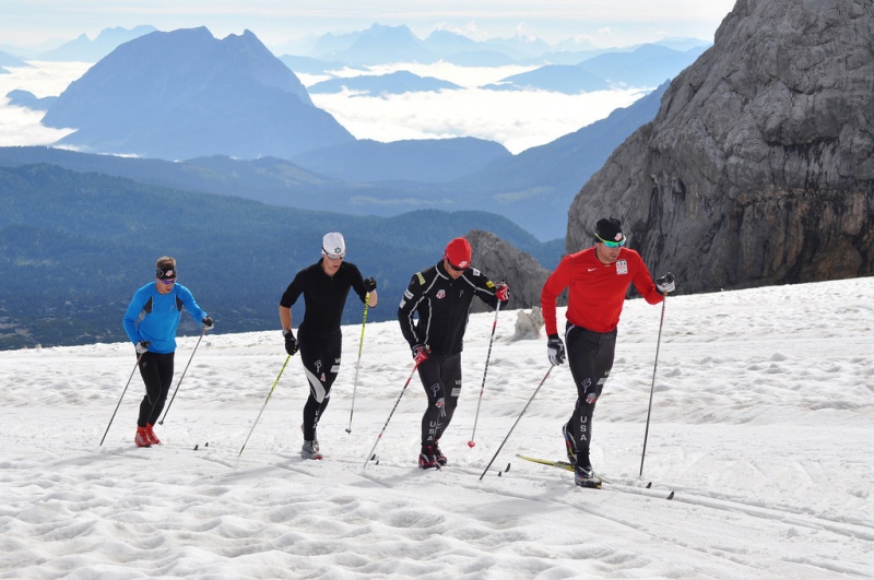 U.S. Ski Team members Andy Newell, Tad Elliott, Noah Hoffman and Simi Hamilton train over the summer on Dachstein Glacier above Ramsau, Austria. (photo: Jason Cork/U.S. Ski Team)