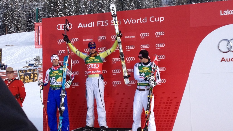 Sunday's World Cup men's super G podium in Lake Louise, Canada (photo: FIS)
