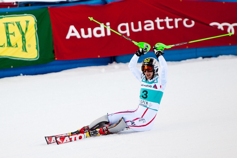 Austria's Kathrin Zettel celebrates victory on Sunday at a World Cup slalom in Aspen, Colo. (photo: Jeremy Swanson)