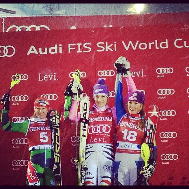 Saturday's slalom podium in Levi (photo: FIS Alpine)