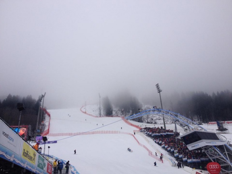 Thick fog in Schladming on Tuesday forced several delays of the opening women's super G at the FIS Alpine Ski World Championships. (photo: FIS Alpine)