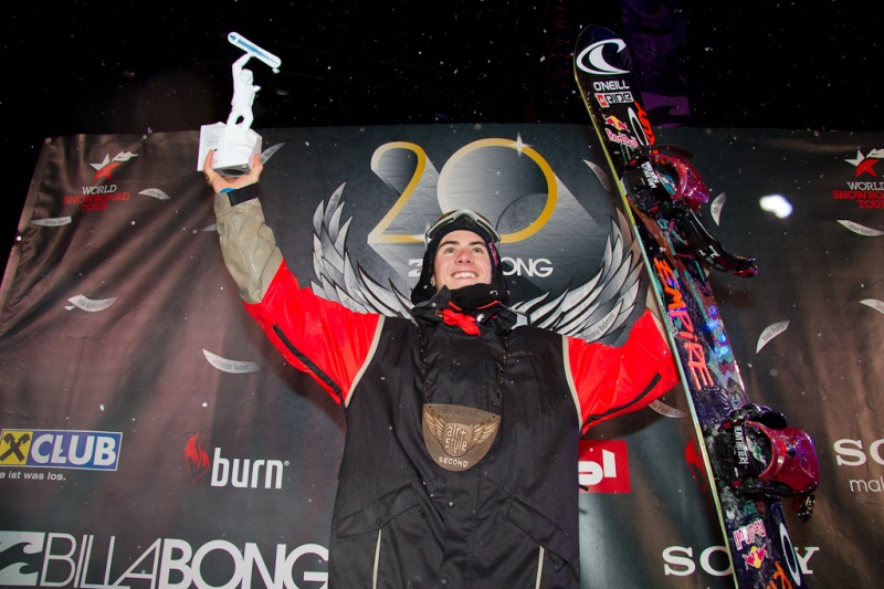 Canadian snowboarder Sebastien Toutant is crowned the World Snowboard Tour Big Air Champion on Saturday night in Innsbruck, Austria. (photo: WST)