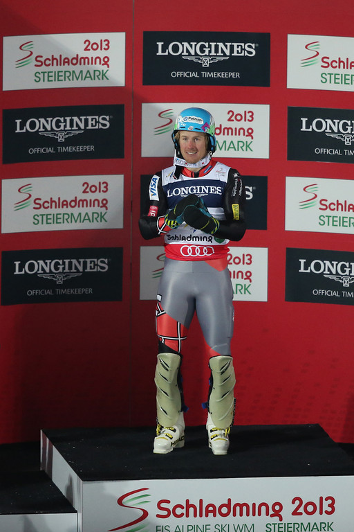 Park City, Utah's Ted Ligety on the podium after winning the Alpine FIS Ski World Championships Super Combined race in February in Schladming, Austria. (photo: Mitchell Gunn/ESPA)