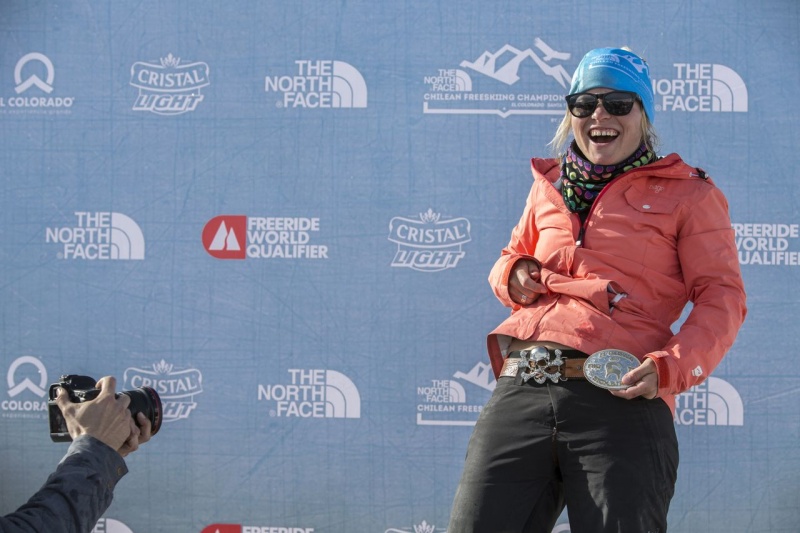 Hazel Birnbaum, of Kirkwood, Calif., proudly displays her Sickbird Award belt buckle earned at The North Face Chilean Freeskiing Championship by Cristal Light, which concluded on Saturday in El Colorado, Chile. (photo: J. Marinonich/The North Face Chile)