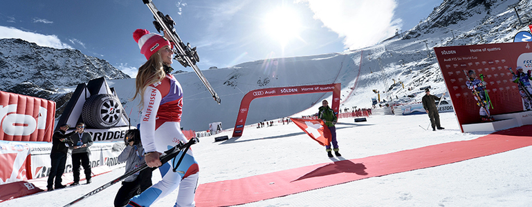 Lara Gut of Switzerland heads to the World Cup podium in Soelden, Austria, on Saturday. (photo: Rossignol)