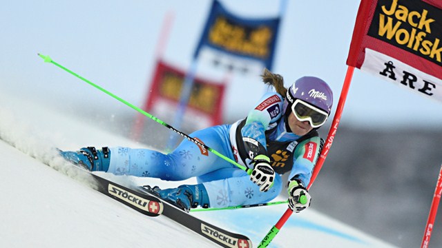 Slovenian Tina Maze skis to the top of the podium this morning in a World Cup giant slalom in Are, Sweden. (photo: FIS/Agence Zoom)