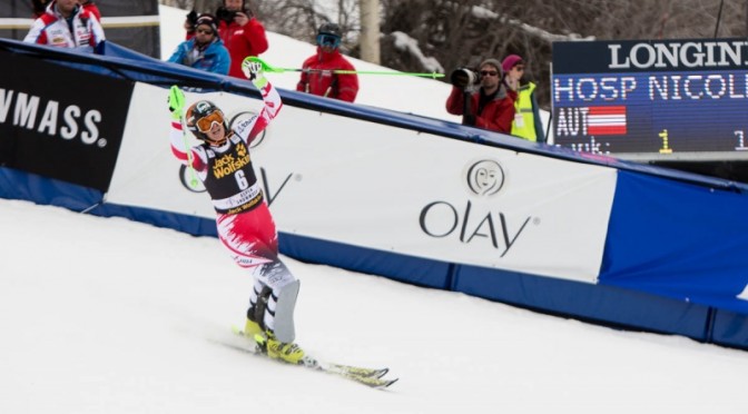 Austria's Nicole Hosp celebrates her first World Cup win since 2008 in Aspen, Colo. on Sunday. (photo: Jeremy Swanson)