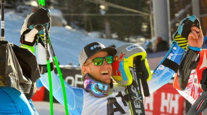 Ted Ligety, of Park City, Utah, celebrates victory in Sunday's World Cup giant slalom at Beaver Creek, Colo. (photo: U.S. Ski Team)