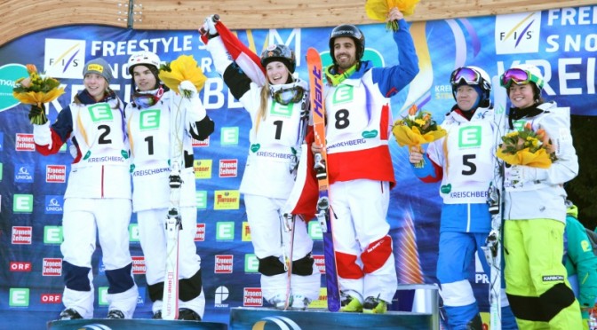 Sunday's World Championships moguls podium finishers in Kreischberg, Austria. (photo: FIS/Chad Buchholz)