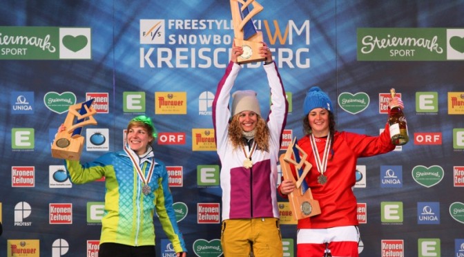 Lindsey Jacobellis, of Stratton Mountain, Vt., celebrates her fourth World Championships snowboardcross gold medal on Friday in Kreischberg, Austria, along with Moenne Loccoz of France, left, and Italy's Michela Moioli, right. (photo: FIS/Oliver Kraus)