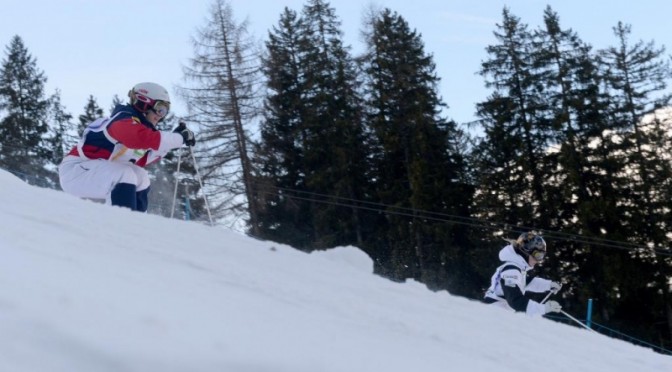 American Hannah Kearney competes against Canada's Justine Dufour-Lapointe in the women's dual moguls finals at the 2015 World Championships in Kreischberg, Austria on Monday. (photo: Getty Images-AFP/Michal Cizek/courtesy USST)