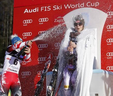 Mikaela Shiffrin gets a champagne bath as she's crowned Snow Queen in Zagreb, Croatia on Sunday. (photo: Getty Images/Agence Zoom-Alexis Boichard, courtesy USST)