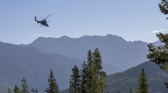 A helicopter carries chairlift tower parts in late July as part of Vail Mountain's replacement of its Avanti Express lift. (photo: Vail Resorts/Andrew Taylor)