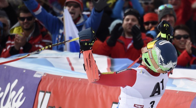 Ted Ligety celebrates in the finish after taking the first victory of the season on Sunday in Soelden, Austria. (photo: Getty Images/Agence Zoom-Michel Cottin via USST)