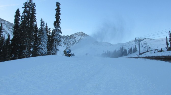 Snowmaking was continuing this morning at A-Basin in preparation for Thursday's opening day. (photo: Arapahoe Basin Ski Area)