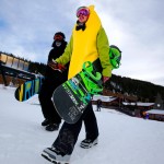 Connor Anderson dressed in a banana costume and Sam Schuler in a gorilla costume, both from Westminster, Colo., walk to the lift line for opening day today at Loveland Ski Area (photo: Jack Dempsey/CSCUSA)