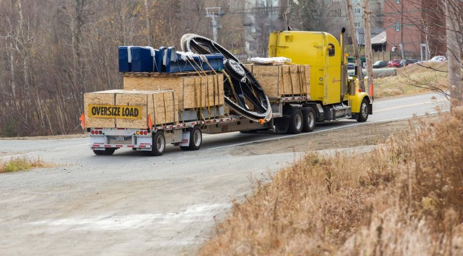 The new King Pine lift base terminal arrives at Sugarloaf earlier this month. (photo: Sugarloaf Mountain Resort)