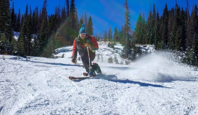 One happy telemarker makes Halloween turns at Wolf Creek yesterday. (photo: Rosanne H. Pitcher/Wolf Creek Ski Area)