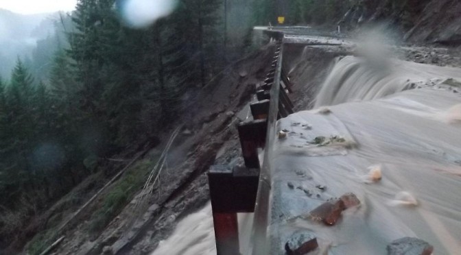 One of several areas of Washington Route 12 damaged by heavy rains this week, cutting off White Pass ski area. (photo: WSDOT)