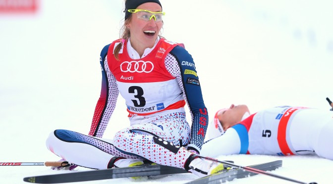 Sophie Caldwell of USA celebrates winning the Ladies 1.2km Classic Sprint Competition during day 1 of the FIS Tour de Ski event on January 5, 2016 in Oberstdorf, Germany. (photo: Alexander Hassenstein/Bongarts/Getty Images)