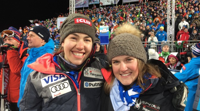 Lile Lapanja (left) and Paula Moltzan celebrate their first World Cup points in a slalom at Flachau, Austria last week. (photo: U.S. Ski Team)