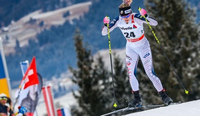 Jessie Diggins skates to victory in Toblach, Italy on Friday. (photo: Getty Images/Agence Zoom-Stanko Gruden via USST)