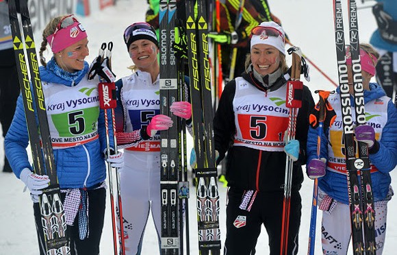 Sadie Bjornsen, Jessie Diggins, Sophie Caldwell and Liz Stephen celebrate their second place in a World Cup 4x5k relay on Sunday in Nove Mesto, Czech Republic. (photo: Getty/AFP-Michal Cizek via USST)