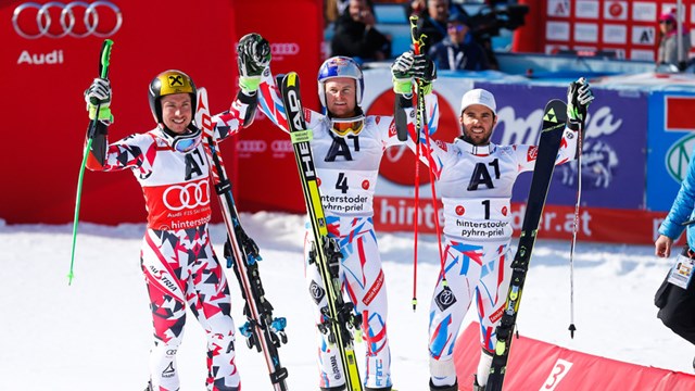 Friday's World Cup men's giant slalom podium in Hinterstoder, Austria. (photo: FIS/Agence Zoom)
