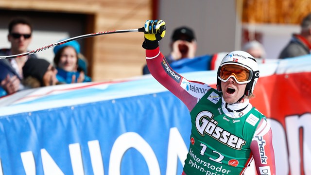 Norway's Aleksander Aamodt Kilde celebrates his maiden World Cup super G victory on Saturday in Hinterstoder, Austria. (photo: FIS/Agence Zoom)