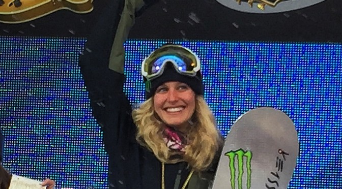 Snowboardcross rider Lindsey Jacobellis celebrates her 10th X Games Gold last week in Aspen, Colo. (photo: Peter Foley)