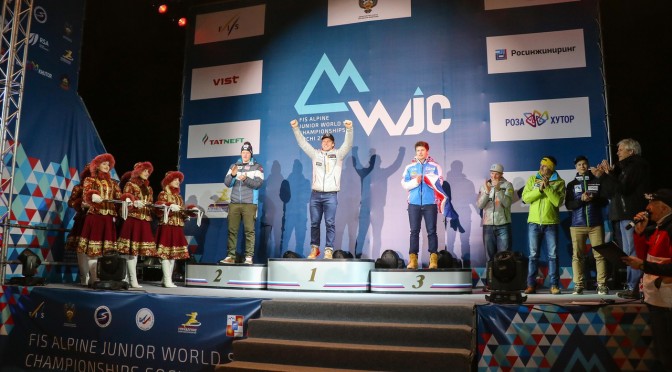 Erik Arvidsson celebrates his FIS Alpine Junior World Ski Championship downhill gold in Sochi, Russia. (photo: USSA/Chip Knight)