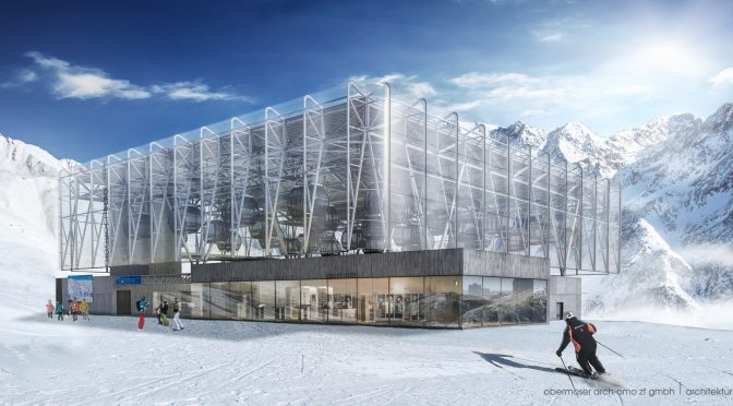 An architect's rendering of the top terminal of Soelden's new Giggijochbahn Gondola. (image: Obermoser)