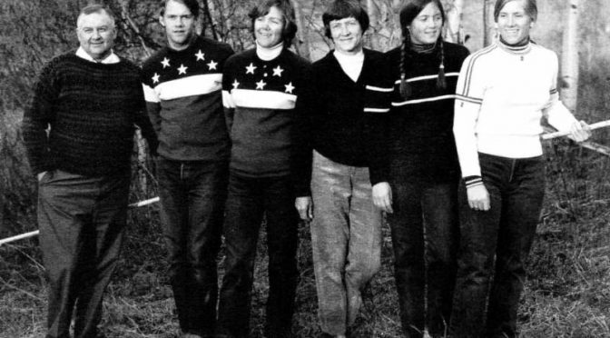 The Cochran Family with the backyard rope tow in 1972: left to right, Mickey, Bob, Marilyn, Ginny, Lindy, and Barbara Ann. (photo: Peter Miller via New England Ski Museum)