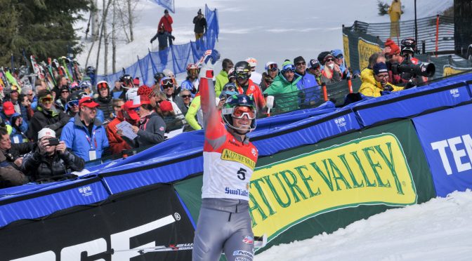 Ryan Cochran-Siegle celebrates in the finish area at the 2016 Nature Valley U.S. Alpine Championships at Sun Valley, Idaho last March. (file photo: U.S. Ski Team)