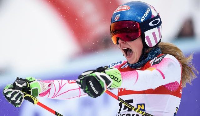 Mikaela Shiffrin celebrates in the finish after winning Tuesday's GS in Semmering, Austria. (photo: Getty Images/Agence Zoom-Laurent Salino)