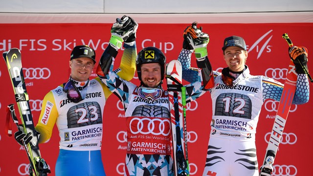 Sunday's men's World Cup giant slalom podium in Garmisch-Partenkirchen, Germany. (photo: FIS/Agence Zoom)