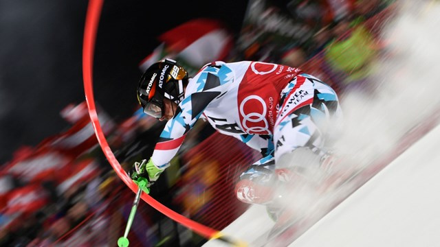 Austria's Marcel Hirscher skis to second place in the annual night slalom on Tuesday in Schladming, Austria. (photo: FIS/Agence Zoom)