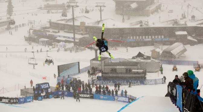 Kyle Smaine, of South Lake Tahoe, Calif., competes in the Freeskiing halfpipe finals at the 2016 Visa Freeskiing Grand Prix at Mammoth Mountain, Calif. (photo: USSA)