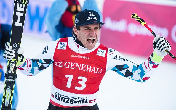 Austria’s Matthias Mayer celebrates his super G victory in Kitzbuehel on Friday. (photo: Getty Images/AFP-Jure Makovec via USSA)