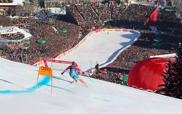 Steven Nyman of Sundance, Utah is the first down the course in front of 70,000 fans at Saturday’s Hahnenkamm Downhill in Kitzbuehel, Austria.(photo: Getty Images/Agence Zoom-Alexis Boichard via USSA)