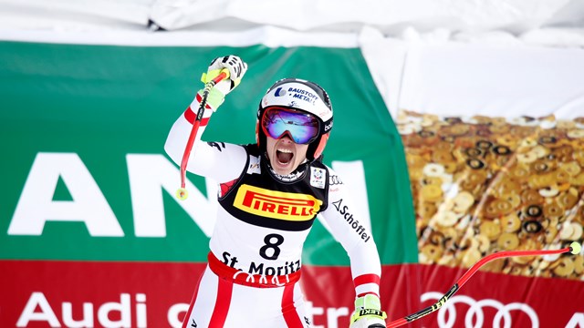 Austria's Nicole Schmidhofer celebrates Super G gold on Tuesday at the 2017 Alpine World Ski Championships in St. Moritz, Switzerland. (photo: FIS/Agence Zoom)