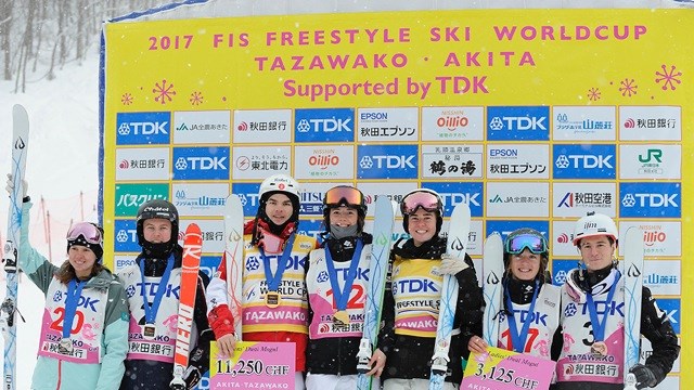 Sunday's Tazawako dual moguls podium. (photo: Hiroyuki Sato/Satton Press via FIS)