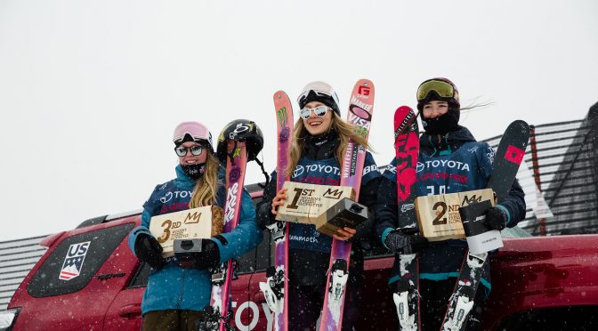 The women's slopestyle skiing podium at the 2017 Toyota U.S. Grand Prix at Mammoth Mountain, Calif. on Sunday. L to R: Johanne Killi (NOR), Maggie Voisin (USA) and Mathilde Gremaud (SUI) (photo: U.S. Freeskiing)