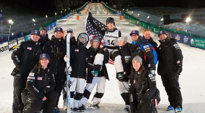 The U.S. Freestyle Ski Team celebrates Morgan Schild's victory on Thursday night in Deer Valley. (photo: USSA)