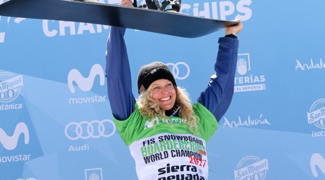 Vermont's Lindsey Jacobellis celebrates her fifth consecutive World Championship win at the 2017 FIS Snowboard World Championships on Sunday in Sierra Nevada, Spain. (photo: Chad Buchholz)